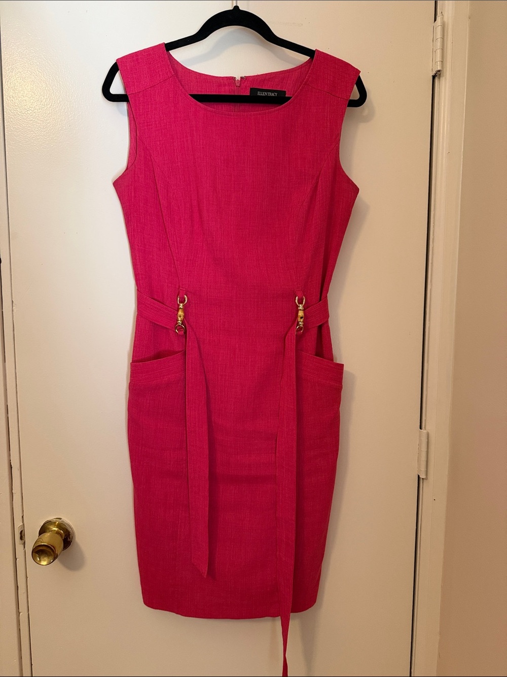 Ellen Tracy Hot Pink Sleeveless Sheath Dress with Waist Tie